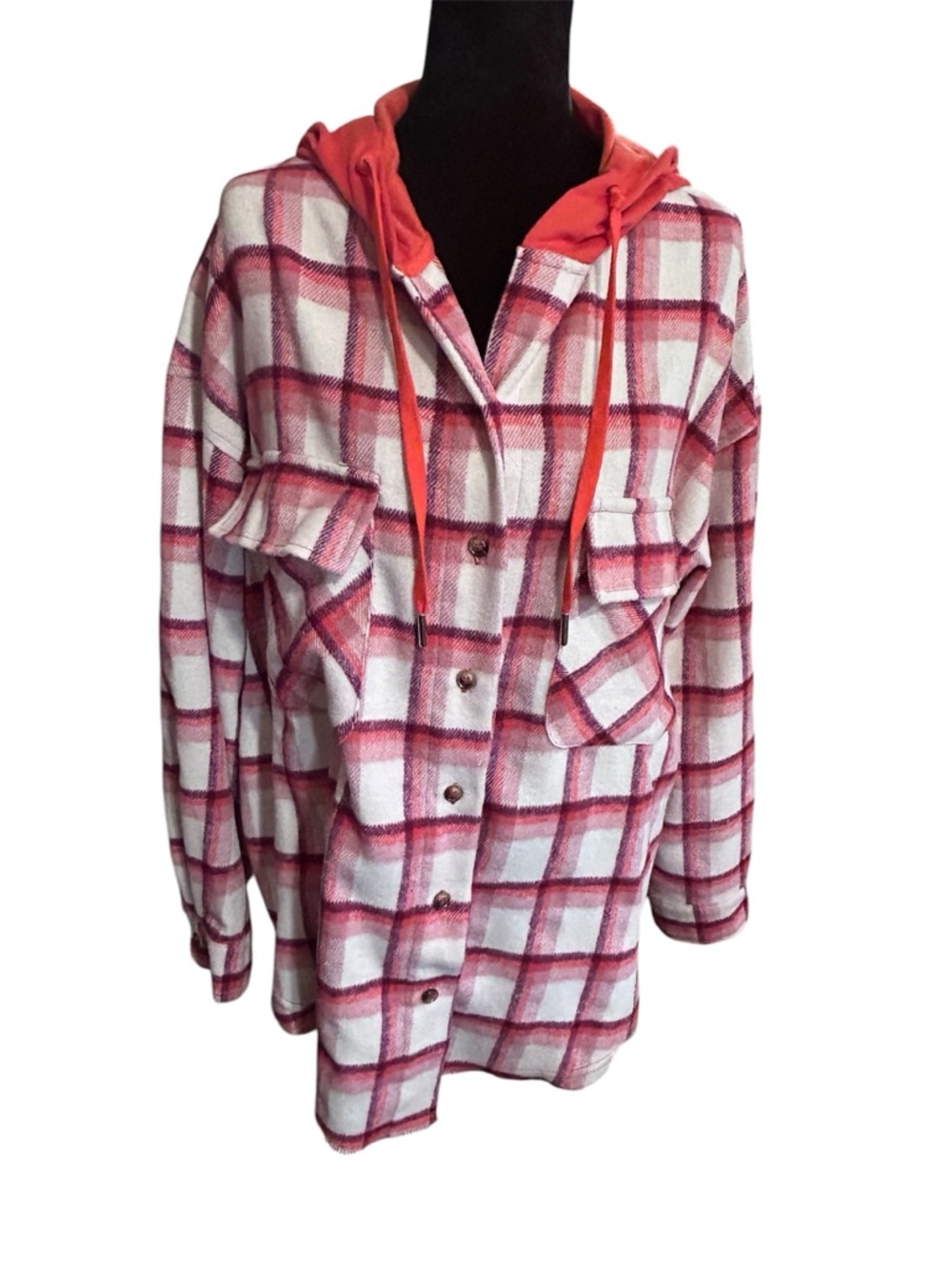 WHITE BIRCH STRIKE A POSE LONG SLEEVE ORANGE/CREAM HOODED SHACKET Medium NWOT - Picture 4 of 14